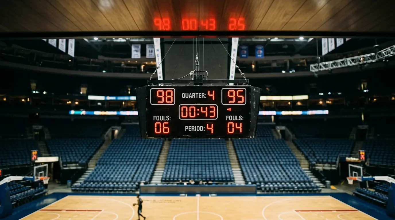 Marcador electrónico de baloncesto mostrando puntuación acumulada de ambos equipos