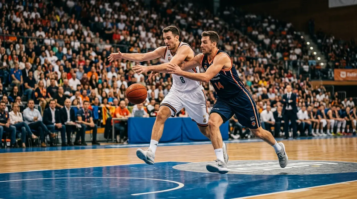 Cancha de baloncesto de la Liga Endesa durante un partido ACB con jugadores profesionales en acción